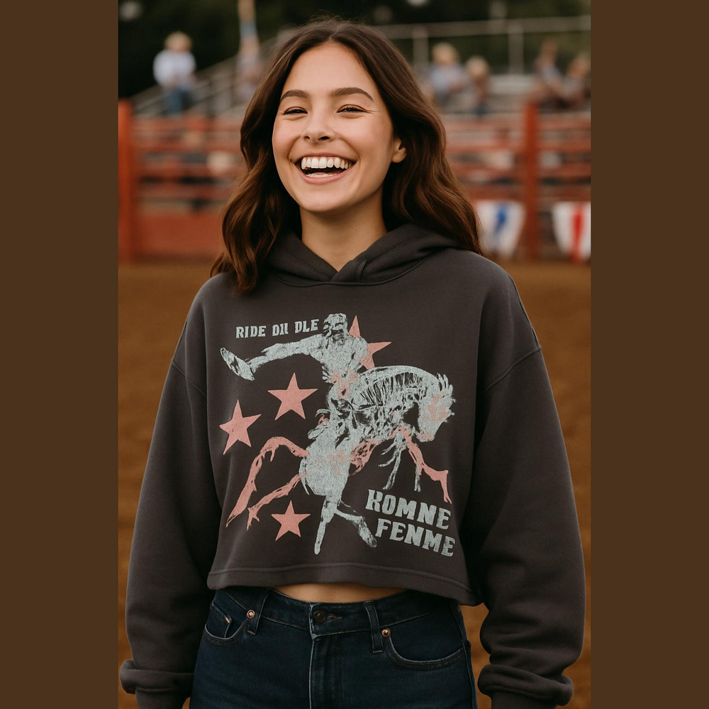 HOMME + FEMME Dark Charcoal Hoodie "Ride Or Die" Cowboy Pink & White Graphic